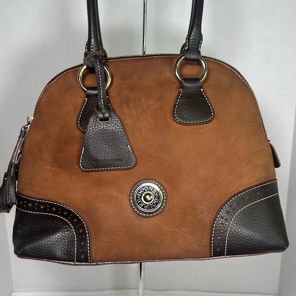 Dooney & Bourke Brown Nubuck and Pebbled Leather Domed Satchel Bag.